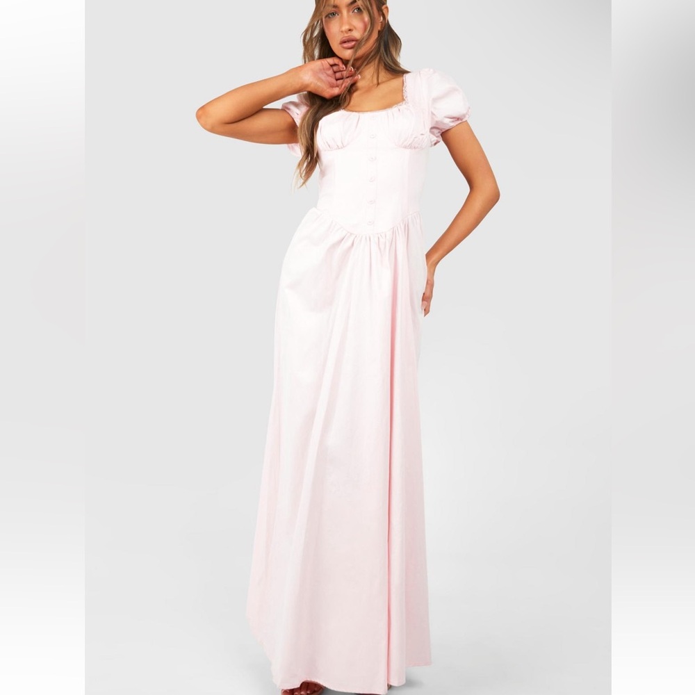 NWOT Boohoo Pink Puff Sleeve Milkmaid Maxi Dress